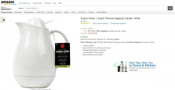 아마존 Copco Chloe 1 Quart Thermal Capacity Carafe, White.JPG