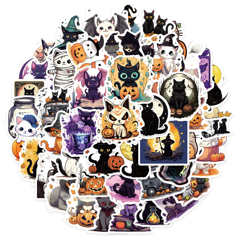 귀여운 만화 호박과 고양이 할로윈 스티커, 노트북 기타 수하물 스케이트보드 비닐 데칼, 방수 그래피티, 50 개