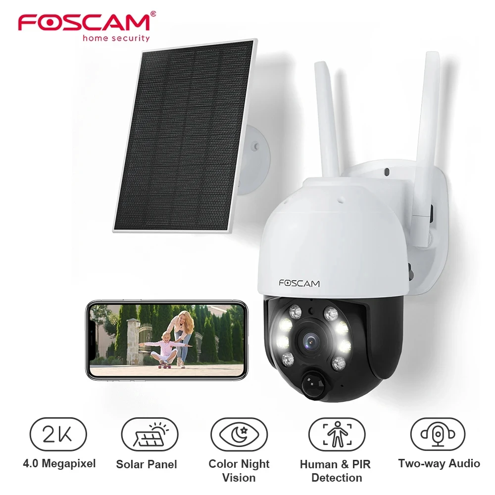 FOSCAM 2K 태양열 보안 카메라, 무선 야외 4MP PT 배터리 구동, 2.4G 와이파이 야간 투시경 카메라, 가정 감시용 title=FOSCAM 2K 태양열 보안 카메라, 무선 야외 4MP PT 배터리 구동, 2.4G 와이파이 야간 투시경 카메라, 가정 감시용