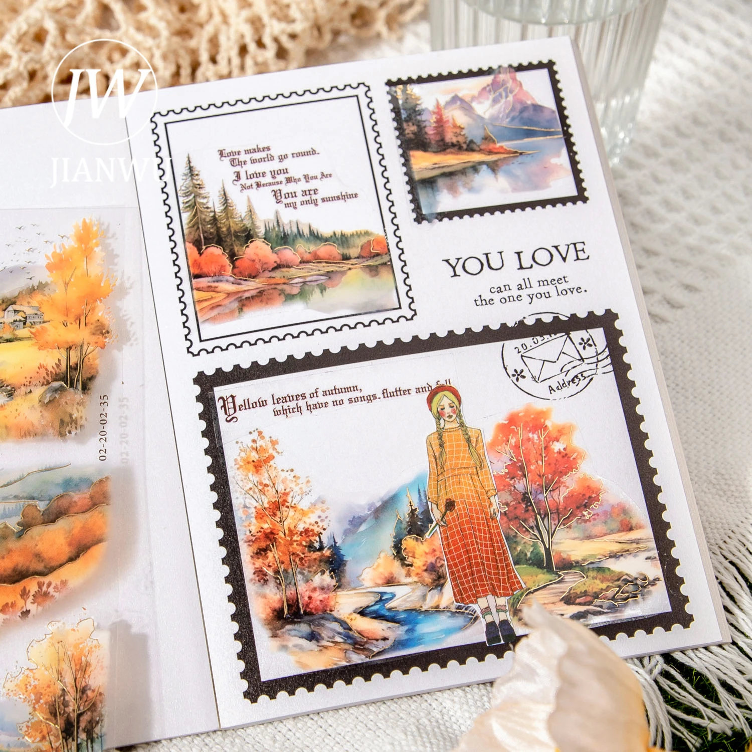 JIANWU 드림 체이싱 저니 시리즈 빈티지 풍경 콜라주 장식, 브론징 PET 스티커, 크리에이티브 DIY 저널 문구, 2 장