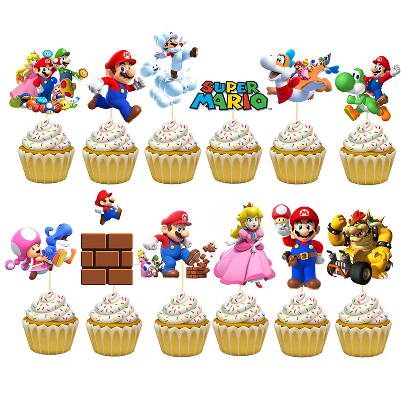 게임 슈퍼 마리오 만화 컵케이크 깃발, Chliden 세례식 성찬식 파티 용품, 생일 축제 기념일 포장 장식