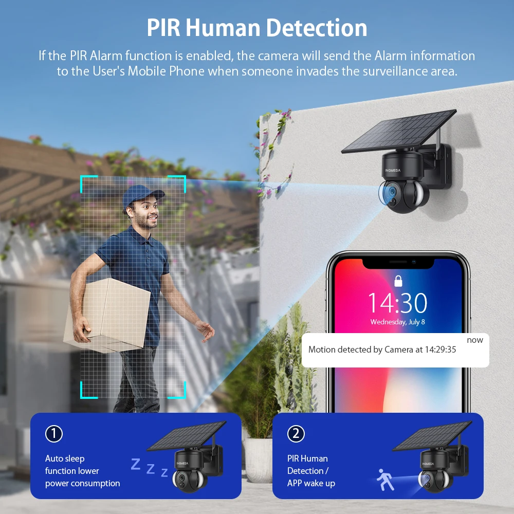 INQMEGA-TUYA 태양 전지 패널 카메라, PIR 모션 감지, 별도 설치 가능, 비디오 감시 CCTV Alexa 지원