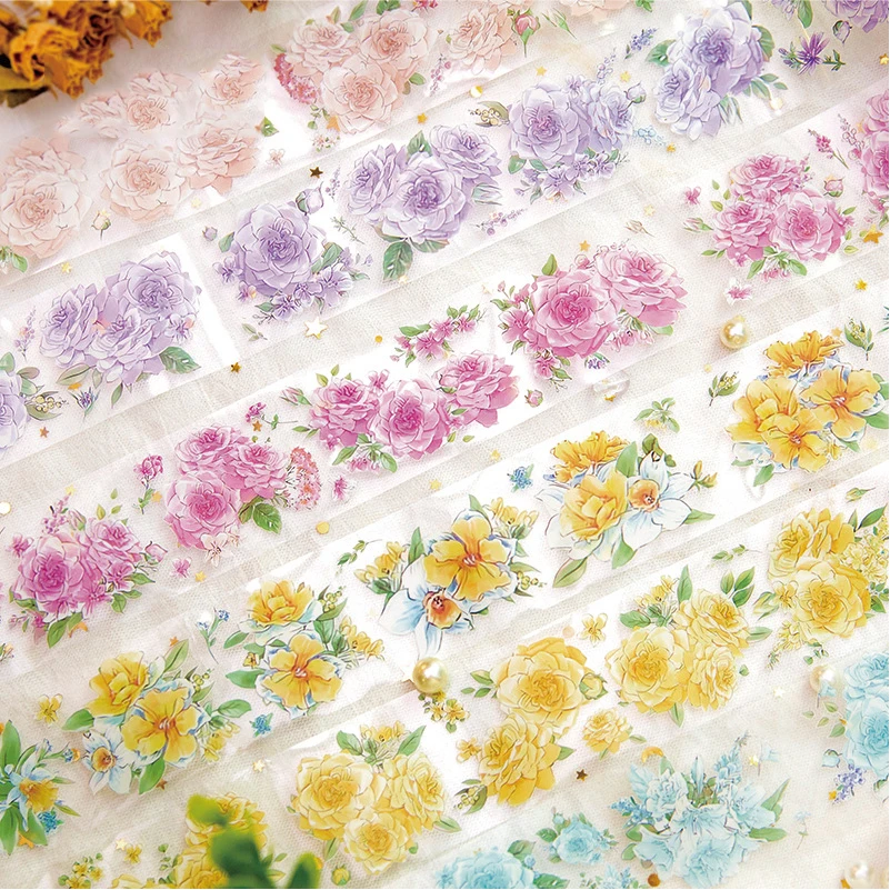 Journamm PET 테이프 꽃 스티커 콜라주 문구, DIY 스크랩북 플래너 장식, 정크 저널 미학 공예 테이프, 50mm * 2m