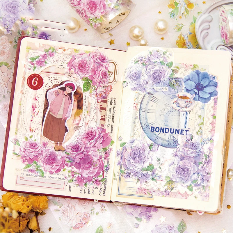 Journamm PET 테이프 꽃 스티커 콜라주 문구, DIY 스크랩북 플래너 장식, 정크 저널 미학 공예 테이프, 50mm * 2m