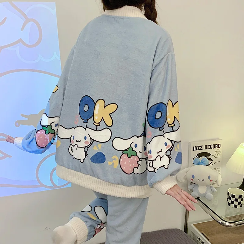 카와이 산리오 쿠로미 여성 시나모롤 따뜻한 파자마, 두꺼운 산호 플란넬, 만화 애니메이션 파자마, 홈 세트 재킷, 겨울