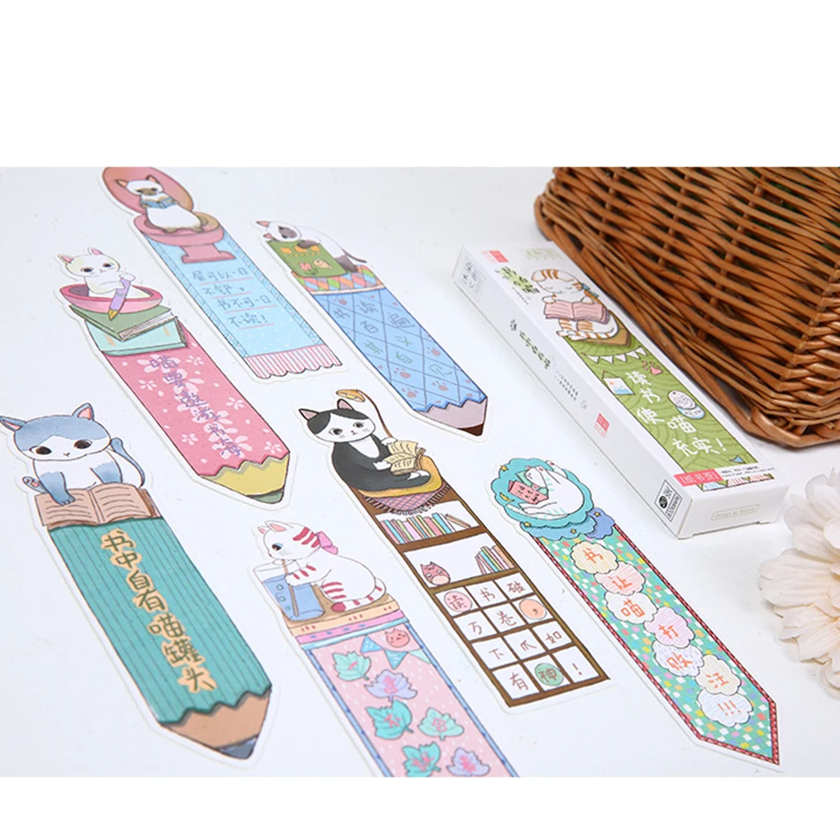 고양이 책 책갈피 종이 만화 동물 책갈피, 프로모션 선물 문구 필름 책갈피, 팩당 30 개