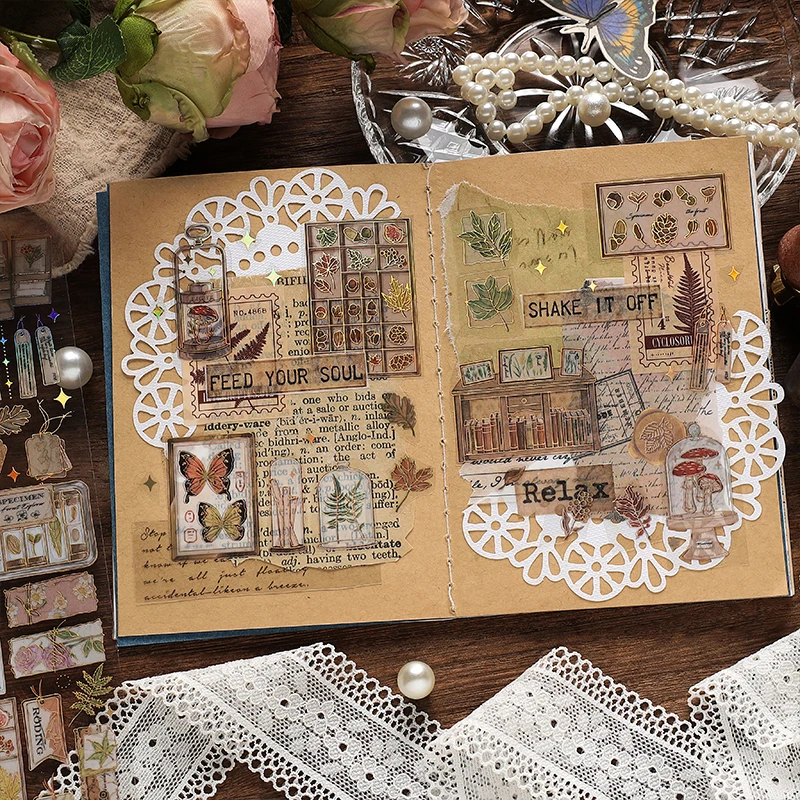 Journamm 금도금 공예 스티커, PET 재료, DIY 컷 콜라주 정크 저널 식물 꽃 장식 스티커 문구, 팩당 3 개