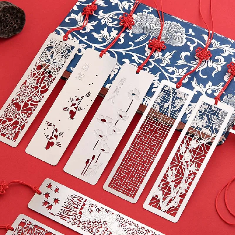 중국 스타일 북마크 크리 에이 티브 금속 중공 금속 책 마크 Tasse 빨간 매듭과 어린이 학생 선물 용품 학교 용품