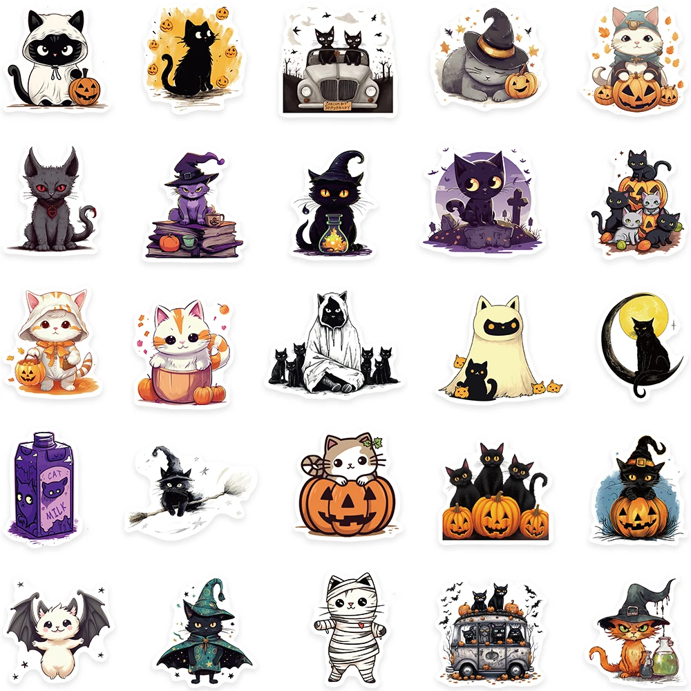 귀여운 만화 호박과 고양이 할로윈 스티커, 노트북 기타 수하물 스케이트보드 비닐 데칼, 방수 그래피티, 50 개