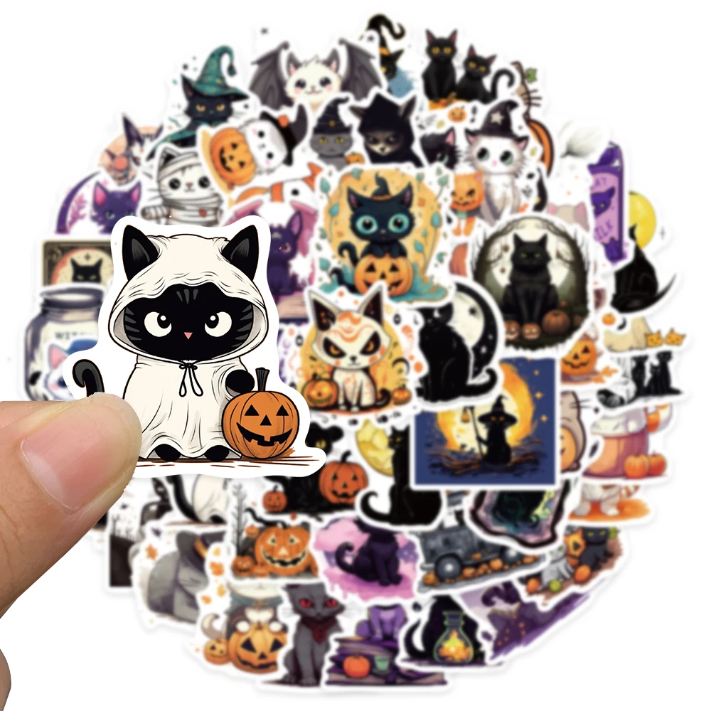 귀여운 만화 호박과 고양이 할로윈 스티커, 노트북 기타 수하물 스케이트보드 비닐 데칼, 방수 그래피티, 50 개