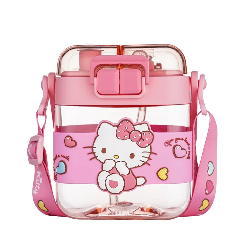 Sanrio-대용량 물병 600ml, 카와이 헬로 키티 쿠로미 시나모롤 투명 플라스틱 주전자 빨대 포함 휴대용 컵
