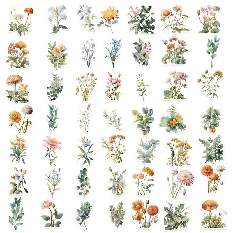 신선한 수채화 꽃 PVC 스티커, 미적 다채로운 장식, 스크랩북 문구, 어린이 학교 용품, 10 개, 30 개, 50 개