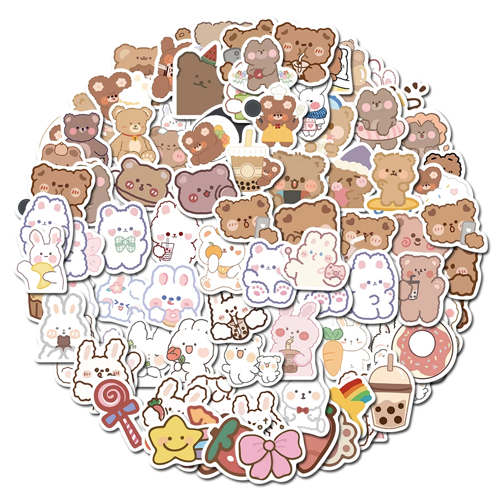 귀여운 만화 토끼 곰 스티커 팩, 어린이 DIY 스케이트보드 오토바이 여행 가방, 문구 데칼 장식, 휴대폰 노트북 장난감, 90 개