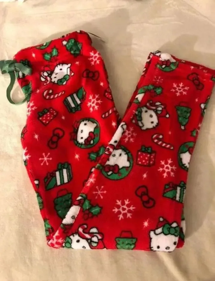 헬로 키티 플란넬 잠옷 귀여운 여성 따뜻한 모직 산리오 만화 캐주얼 홈 바지, 가을 겨울 패션 바지