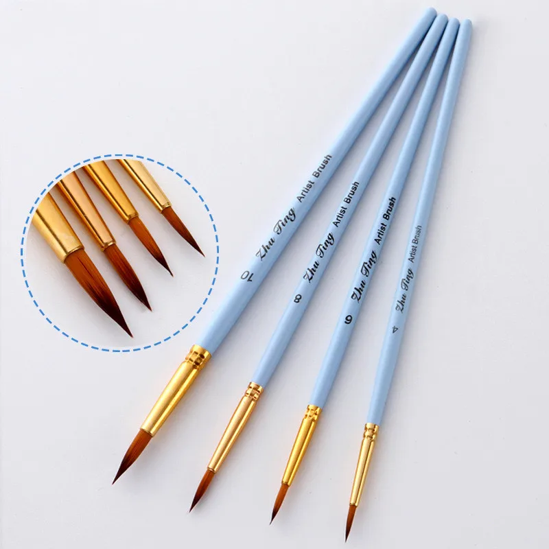 아크릴 나일론 헤어 나무 손잡이 수채화 페인트 브러시 펜 세트, 학습용 DIY 유화 미술 페인트 브러시 용품, 4 개