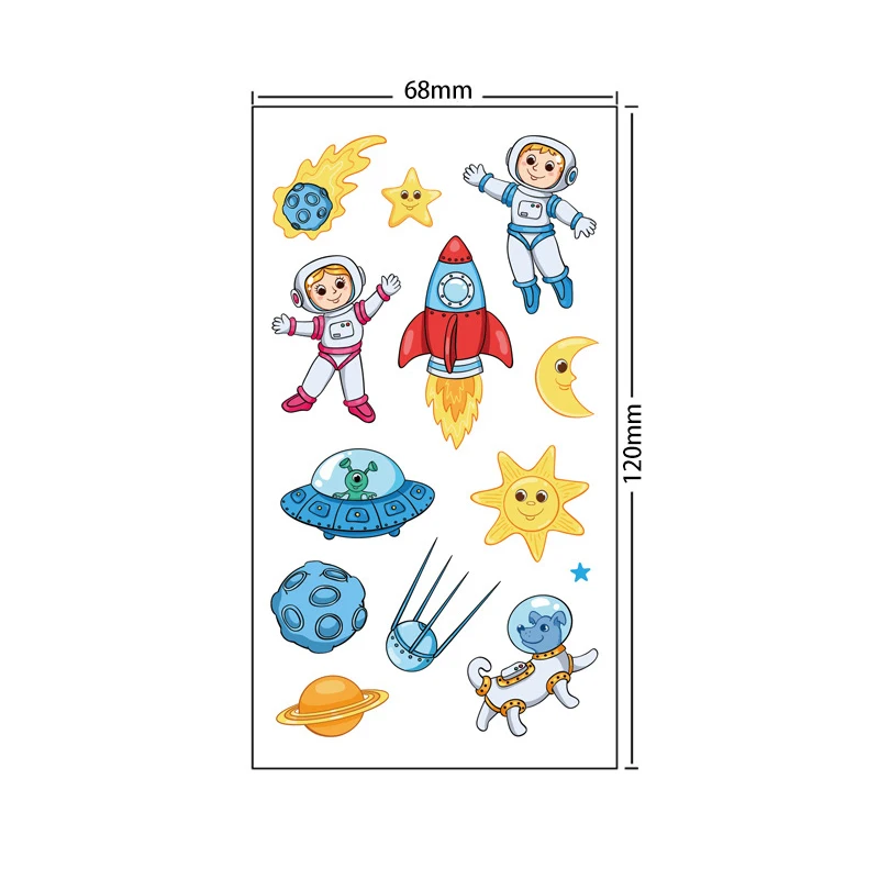 동물 공룡 우주 시계 어린이 문신 스티커, 얼굴 팔 몸 방수 임시 문신, 어린이 선물, 세트당 10 매