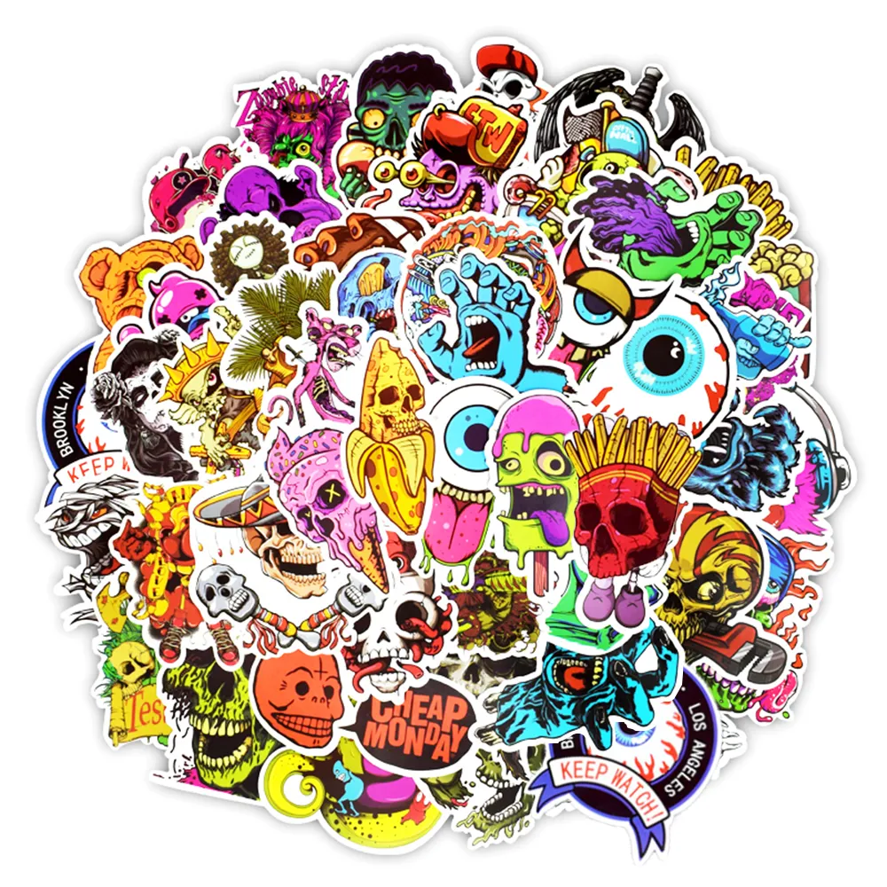 재미 있는 공포 해골 낙서 스티커 10/30/50 개, DIY 방수 전화 노트북 스케이트 보드 수하물 기타 만화 장난감 title=재미 있는 공포 해골 낙서 스티커 10/30/50 개, DIY 방수 전화 노트북 스케이트 보드 수하물 기타 만화 장난감