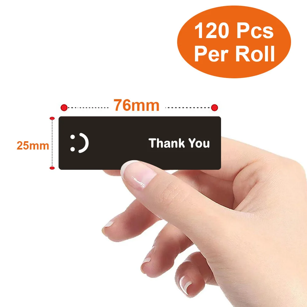 스마일 페이스 블랙 앤 화이트 땡큐 직사각형 도장 스티커 선물 스티커, 수제 포장 장식 라벨, 120 개/롤