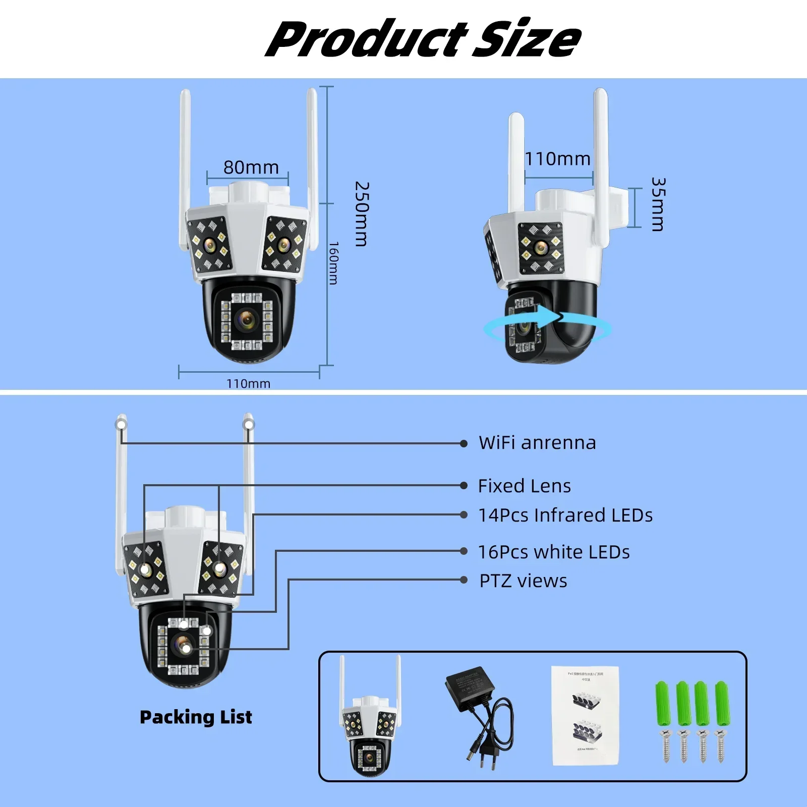 야외 와이파이 IP CCTV 비디오 감시 카메라, 모션 추적, HD PTZ 3 렌즈, 3 스크린 보안 보호, 방수, 15MP