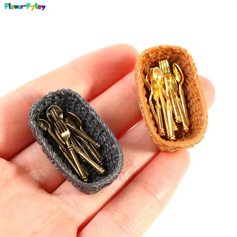 미니 칼 포크 스푼 어린이 장난감, 인형 집 장식, 빈티지 인형 집 미니어처, 식기 바구니 및 수저, 1 세트