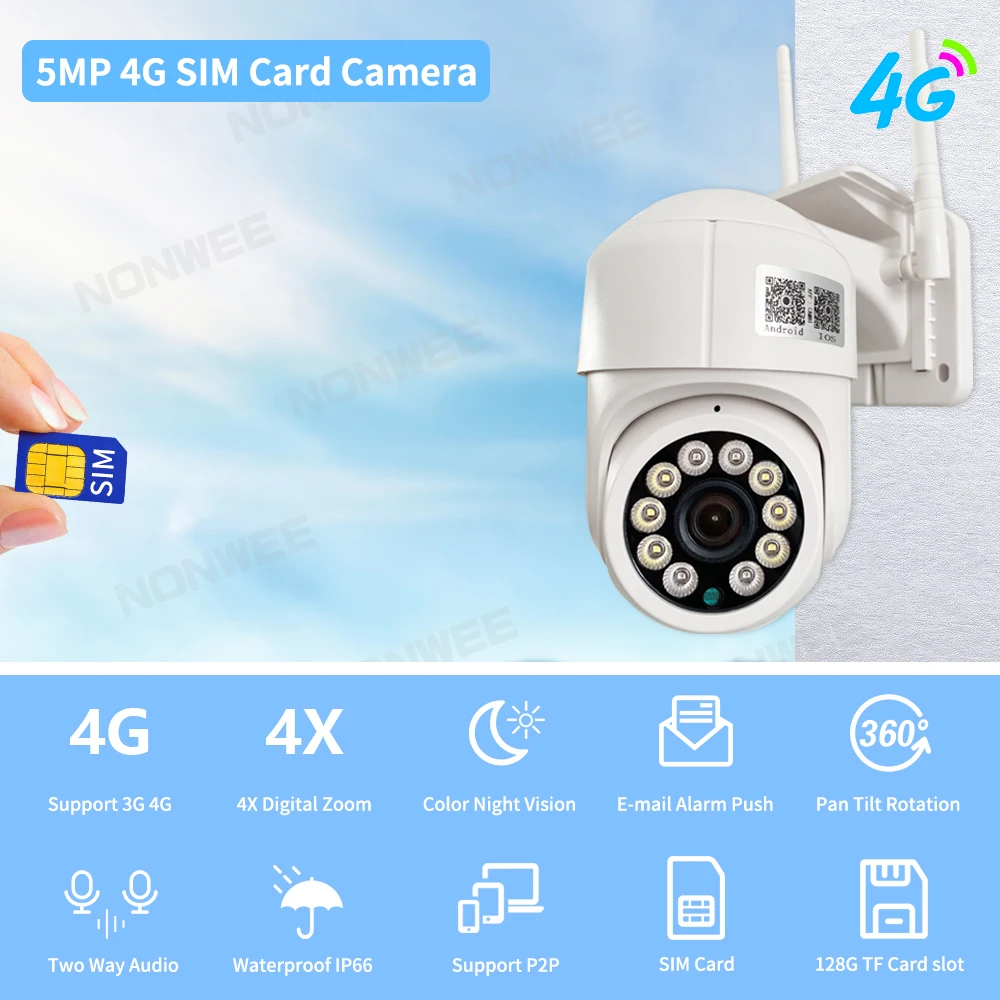 PTZ 무선 와이파이 비디오 감시 카메라, 스피드 돔 야외 HD CCTV 카메라, IR 나이트 비전, 20M Camhipro, 1080P, 4G SIM 카드, 5MP