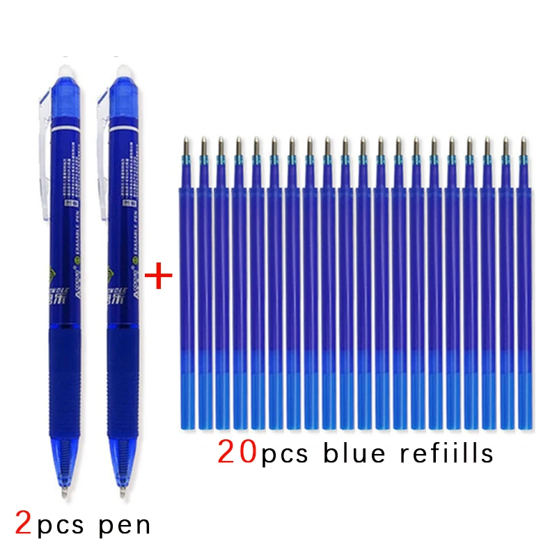 대용량 잉크 지울 수 있는 리필 0.5mm 총알 펜촉, 지워지는 젤 펜, 세척 가능한 손잡이, 사무실 학교 필기용품, 2 + 20PCs