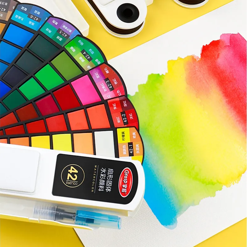 휴대용 단색 수채화 물감 세트, 초보자용 수채화 물감, 미술 용품, 워터 펜 포함, 18 24 36/42 색