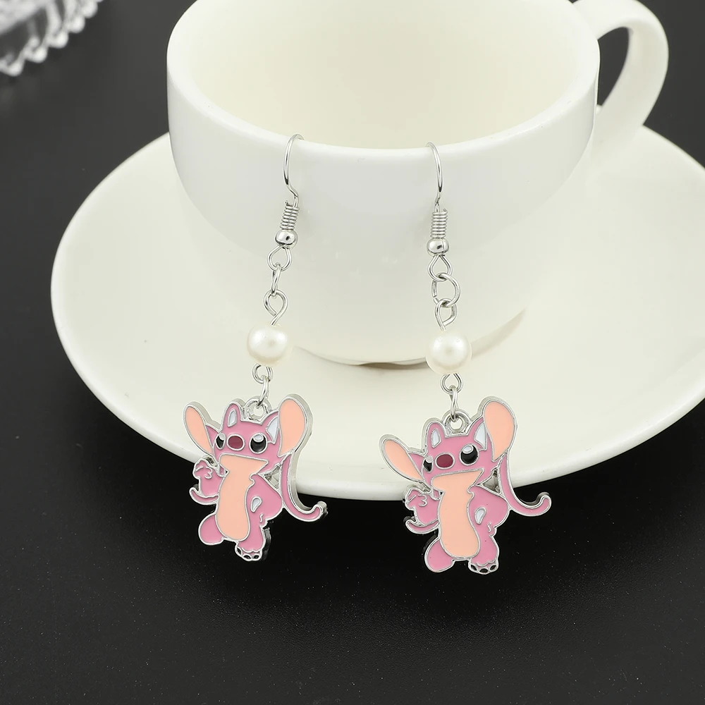 카와이 천사 스티치 만화 애니메이션 릴로 & 스티치 귀걸이, 크리스탈 펜던트 에나멜 귀걸이 여성을 위한 매력 쥬얼리 액세서리