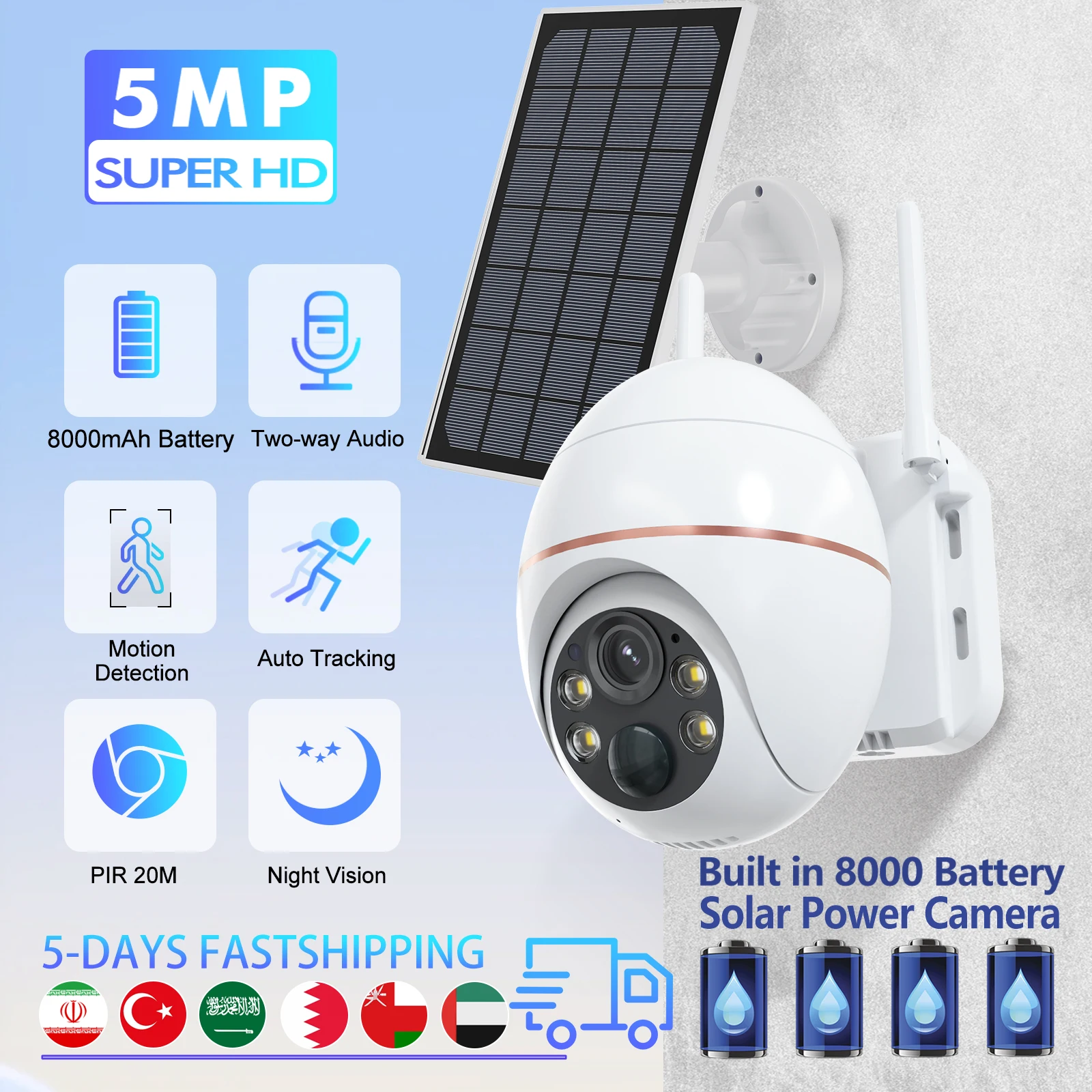무선 PIR 인간 추적 CCTV HD 야외 방수 PTZ 감시 IP 카메라, 5MP 태양광 와이파이 카메라, 8000mAh 배터리, 5 배 줌 title=무선 PIR 인간 추적 CCTV HD 야외 방수 PTZ 감시 IP 카메라, 5MP 태양광 와이파이 카메라, 8000mAh 배터리, 5 배 줌