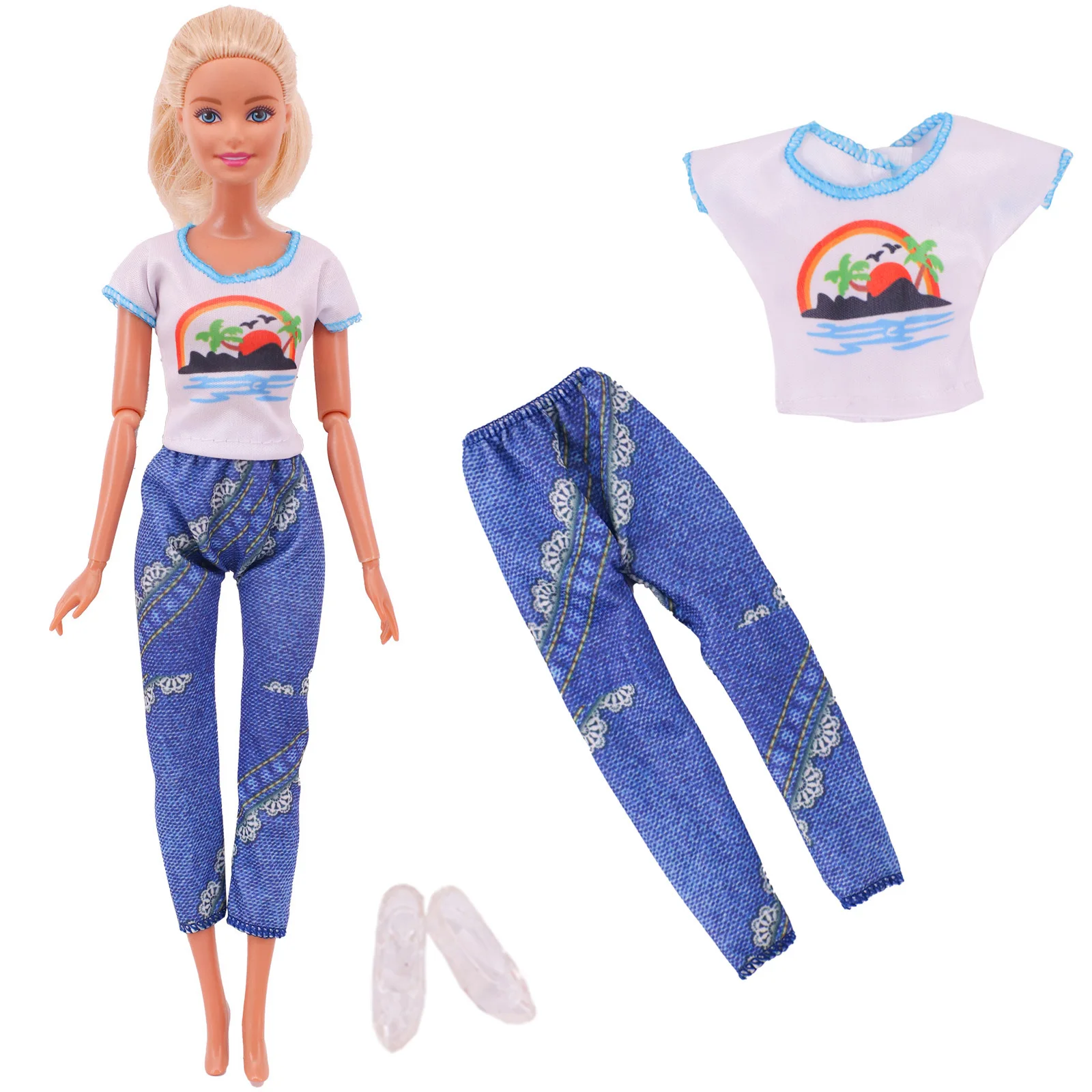 바비 인형 옷, 새로운 패션 티셔츠, 재킷 및 바지, 11.8 인치 인형에 적합, 캐주얼 의류, 무료 신발 소녀 선물, 1 세트