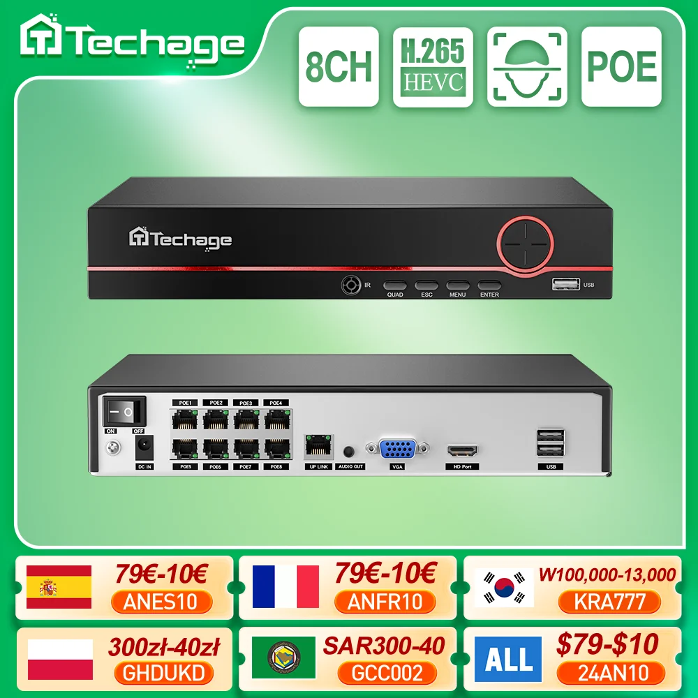 Techage 이더넷 IP NVR 양방향 오디오 얼굴 및 사람 감지 Onvif 프로토콜 P2P, H.265 8CH POE NVR 4K 8MP 5MP 4MP 1080P 전원 title=Techage 이더넷 IP NVR 양방향 오디오 얼굴 및 사람 감지 Onvif 프로토콜 P2P, H.265 8CH POE NVR 4K 8MP 5MP 4MP 1080P 전원