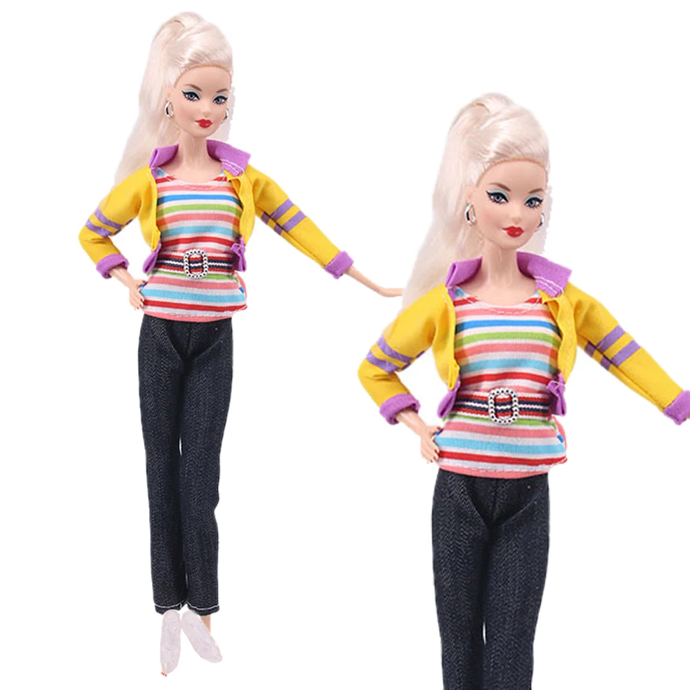 바비 인형 옷, 새로운 패션 티셔츠, 재킷 및 바지, 11.8 인치 인형에 적합, 캐주얼 의류, 무료 신발 소녀 선물, 1 세트