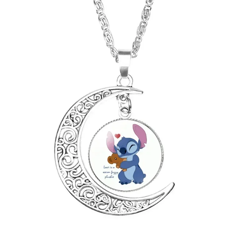 디즈니 스티치 여성용 만화 목걸이, Lilo & Stitch 달 하트 모양 목걸이, 펜던트 액세서리, 패션 쥬얼리, 소녀 장난감 선물