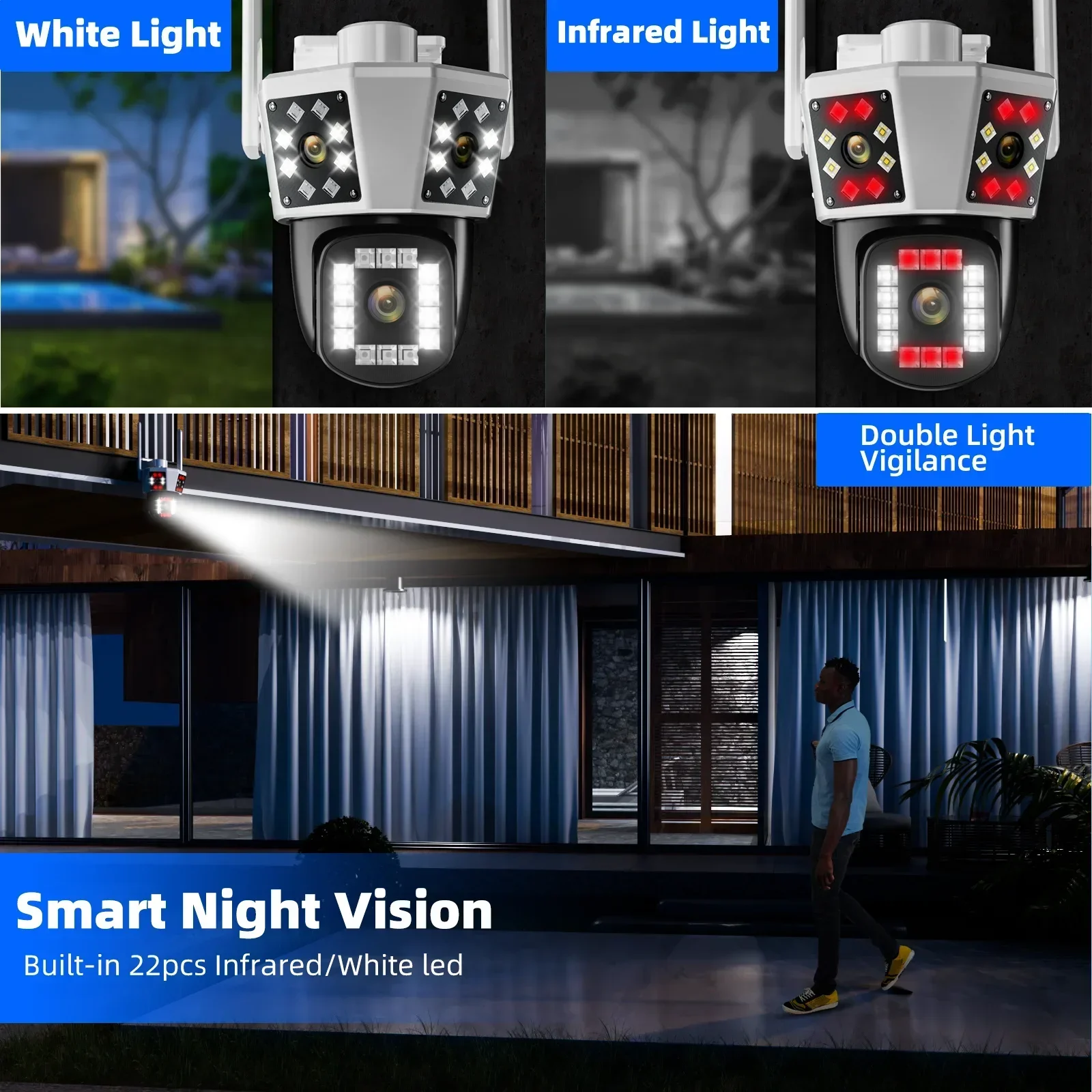 야외 와이파이 IP CCTV 비디오 감시 카메라, 모션 추적, HD PTZ 3 렌즈, 3 스크린 보안 보호, 방수, 15MP