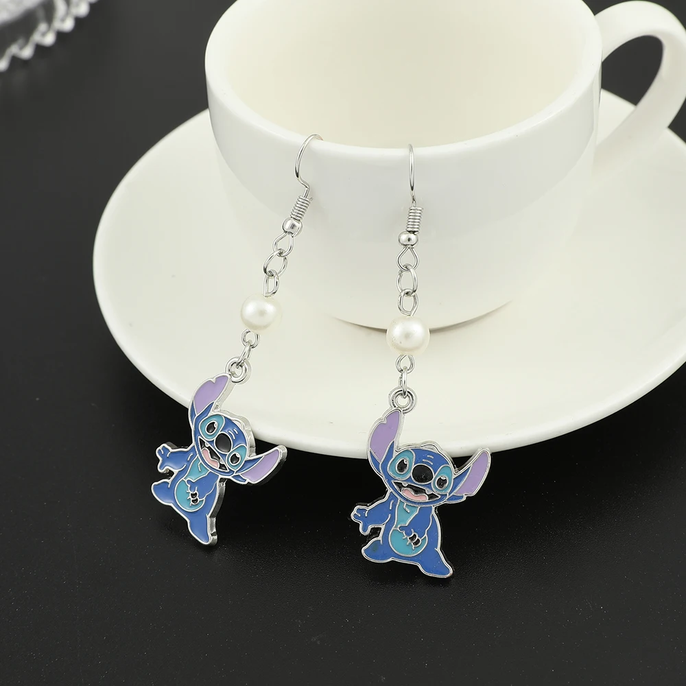 카와이 천사 스티치 만화 애니메이션 릴로 & 스티치 귀걸이, 크리스탈 펜던트 에나멜 귀걸이 여성을 위한 매력 쥬얼리 액세서리