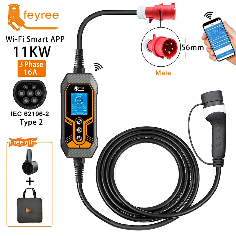Feyree 타입 2 휴대용 EV 충전기, 11KW 16A, 3 상 Wi-Fi APP, 블루투스 버전, EVSE 충전 케이블, 5m, 전기 자동차용 CEE 플러그