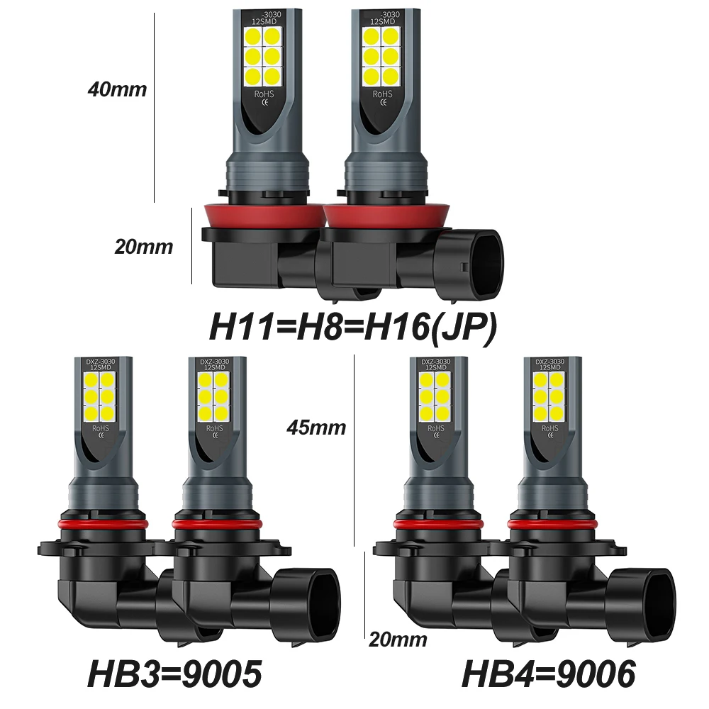 H8 H16 JP Led H11 9005 HB3 9006 HB4 3030 12SMD 자동차 LED 안개등 전구, 6000K 흰색 자동 램프 주간 주행 등 1500LM, 2 개