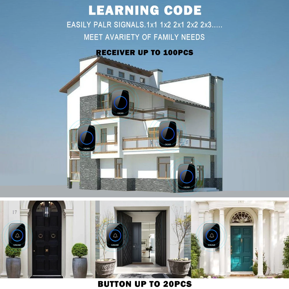 CACAZI 무선 방수 초인종, 미국 EU 영국 플러그인 홈 지능형 도어벨 차임, 300m 범위, 1 2 버튼, 1 2 3 수신기, 신제품