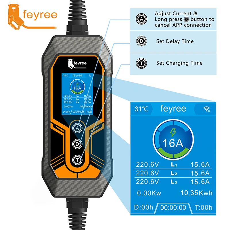 Feyree 타입 2 휴대용 EV 충전기, 11KW 16A, 3 상 Wi-Fi APP, 블루투스 버전, EVSE 충전 케이블, 5m, 전기 자동차용 CEE 플러그