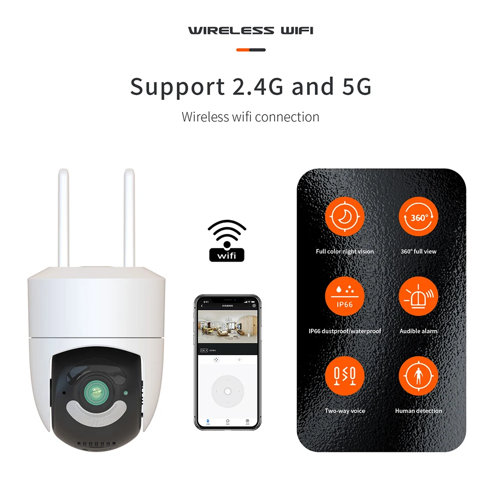 듀얼 밴드 WiFi 감시 카메라, 4MP Onvif 방수 모션 감지, 야외 IP 카메라 알람, 가정 보안 카메라, 2.4G, 5G