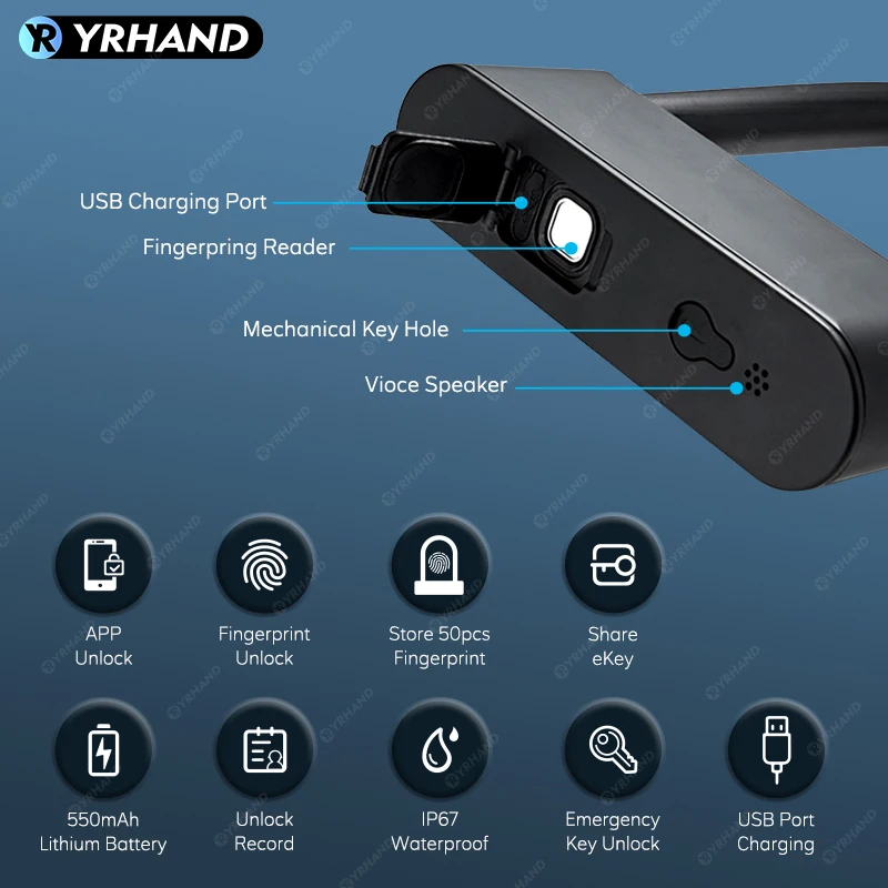 스마트 전자 자물쇠 방수 조합 U자형 오토바이 자전거 자물쇠, 지문 자물쇠, TTlock 앱 안전