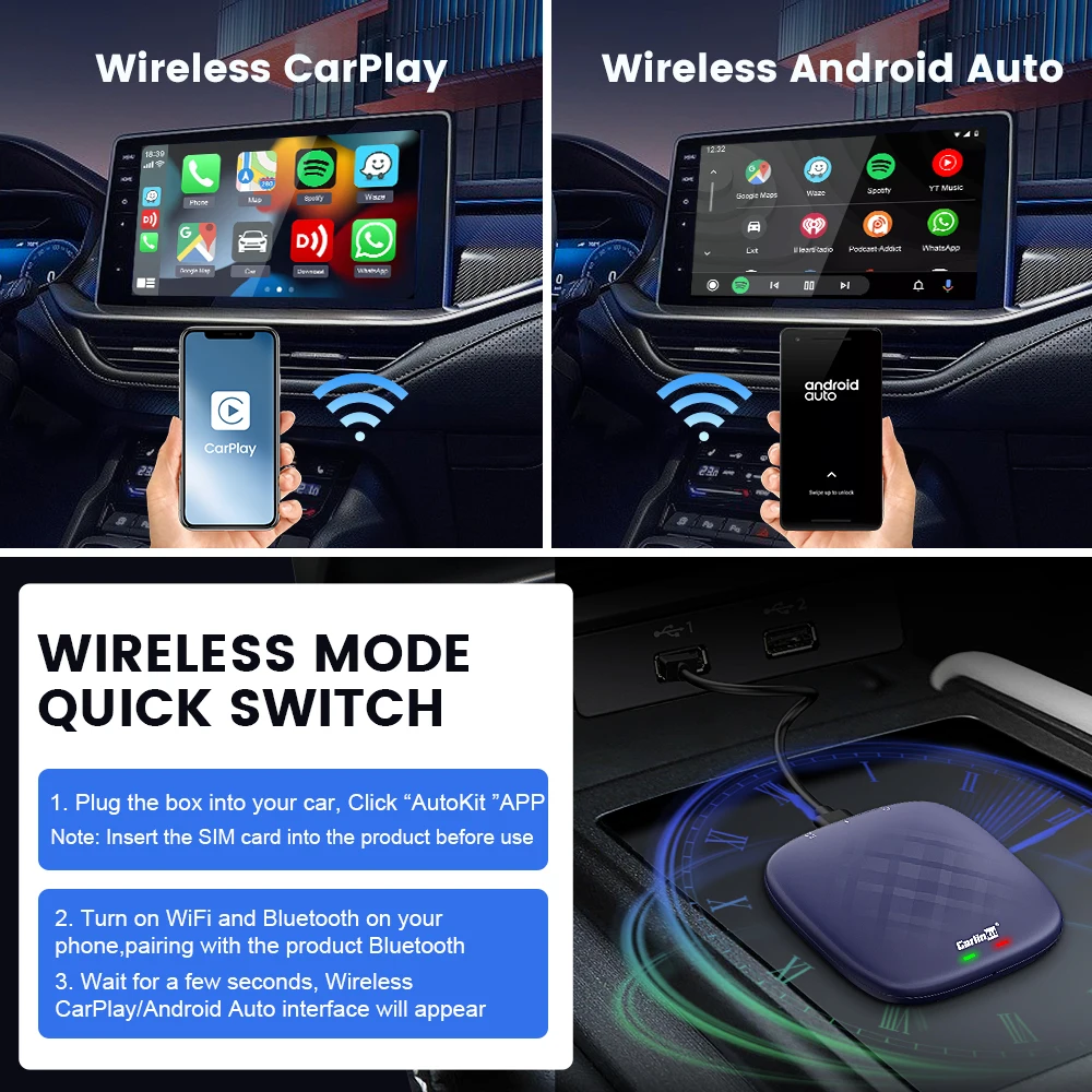2024 새로운 CarlinKit CarPlay Ai Box Qualcomm 6125 8 코어 안드로이드 13/11 무선 Carplay 안드로이드 자동차 자동차 비디오 TV 박스 자동 연결 지원 WiFi SIM 카드