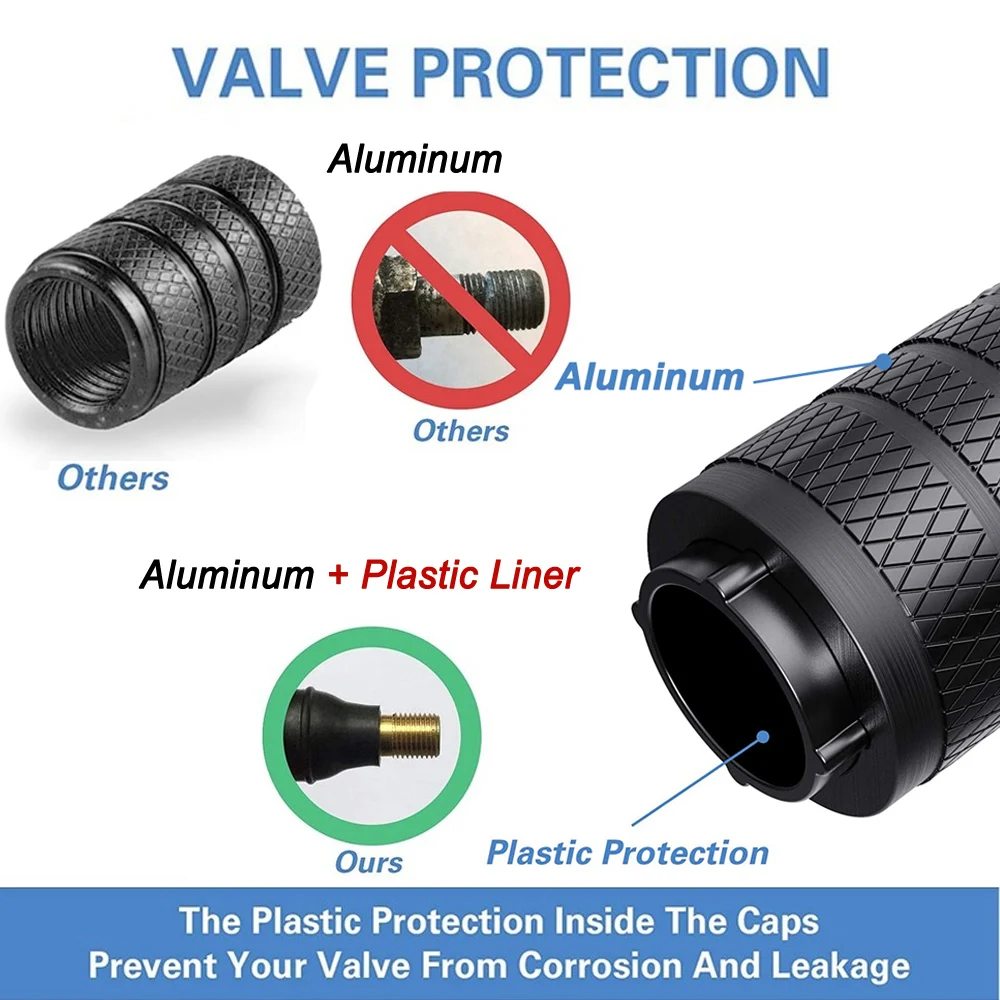 Knurled 타이어 밸브 스템 캡 알루미늄 플라스틱 라이너 부식 방지 타이어 휠 젖꼭지 캡 자동차 및 오토바이