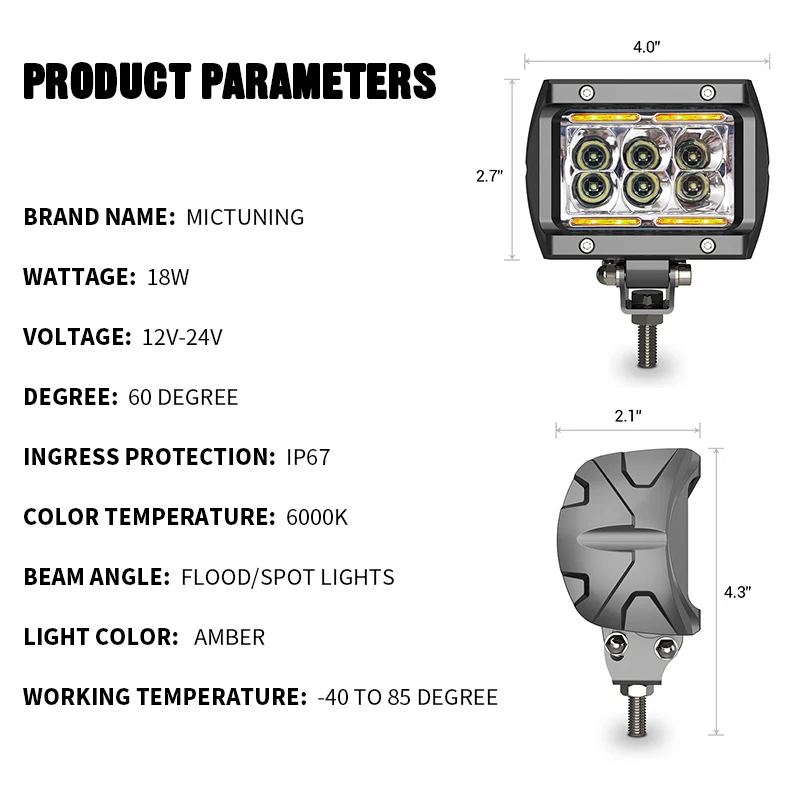 MICTUNING-자동차 Led 작업등 바 무제한 K1 4 인치 18W LED 투광 작업등 앰버 앰비언트 조명, 지프 ATV SUV 트럭 보트용