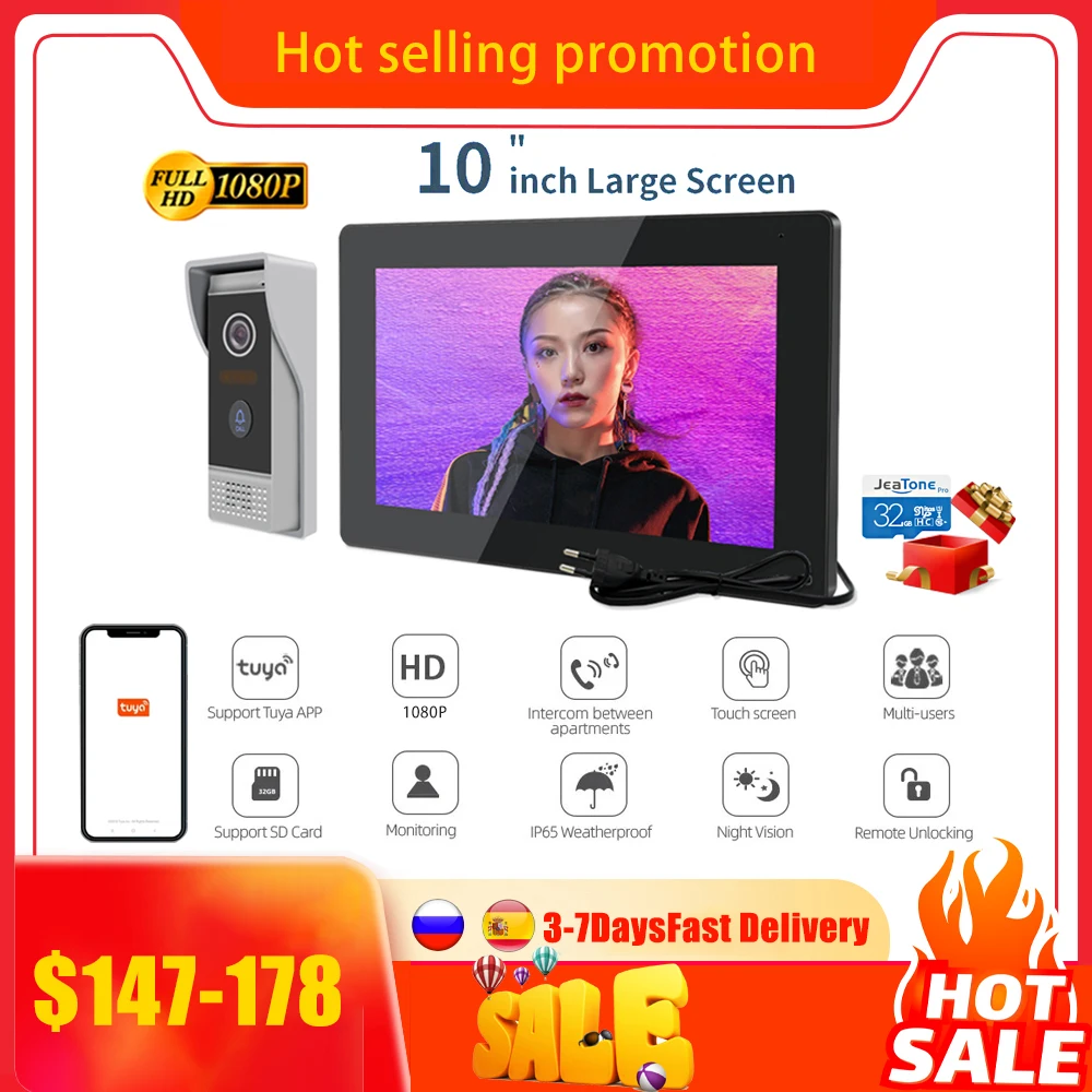 Jeatone 비디오 인터콤 보안 보호, 개인 주택 워키토키, 모션 감지 및 야간 투시경, 10 인치, Tuya 1080P title=Jeatone 비디오 인터콤 보안 보호, 개인 주택 워키토키, 모션 감지 및 야간 투시경, 10 인치, Tuya 1080P 