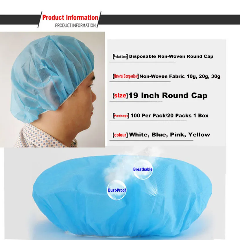 부직포 일회용 모자, 통기성, 방진, 탄력 있는 스레드 라운드 모자, 탈모 방지, 식품 주방 요리에 사용