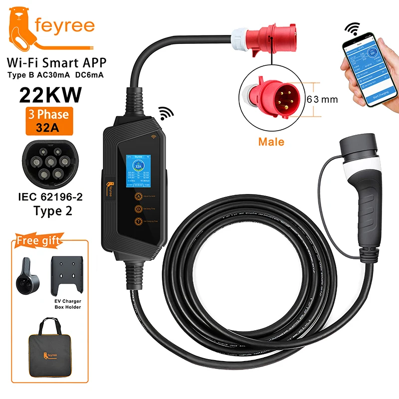 Feyree 전기 자동차 충전기용 휴대용 EV 충전기, 와이파이 앱 제어, EVSE 충전 박스 충전 스테이션, 22KW, 32A, 3 상 타입 2 title=Feyree 전기 자동차 충전기용 휴대용 EV 충전기, 와이파이 앱 제어, EVSE 충전 박스 충전 스테이션, 22KW, 32A, 3 상 타입 2 