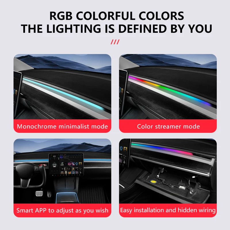 VASTZ 테슬라 모델 Y 3 하이랜드 RGB 앰비언트 라이트 키트, 대시 보드 센터 콘솔 센터 스택 앱 LED 스트립 네온 조명