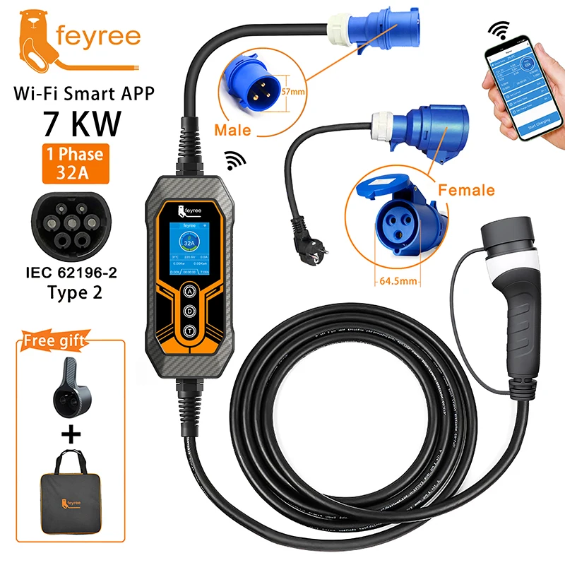 Feyree 휴대용 EV 충전기 타입 2, 32A, 7KW, EVSE, 와이파이 앱 제어, 조정 가능한 전류, 스마트 타이밍 충전, 가정 및 야외용