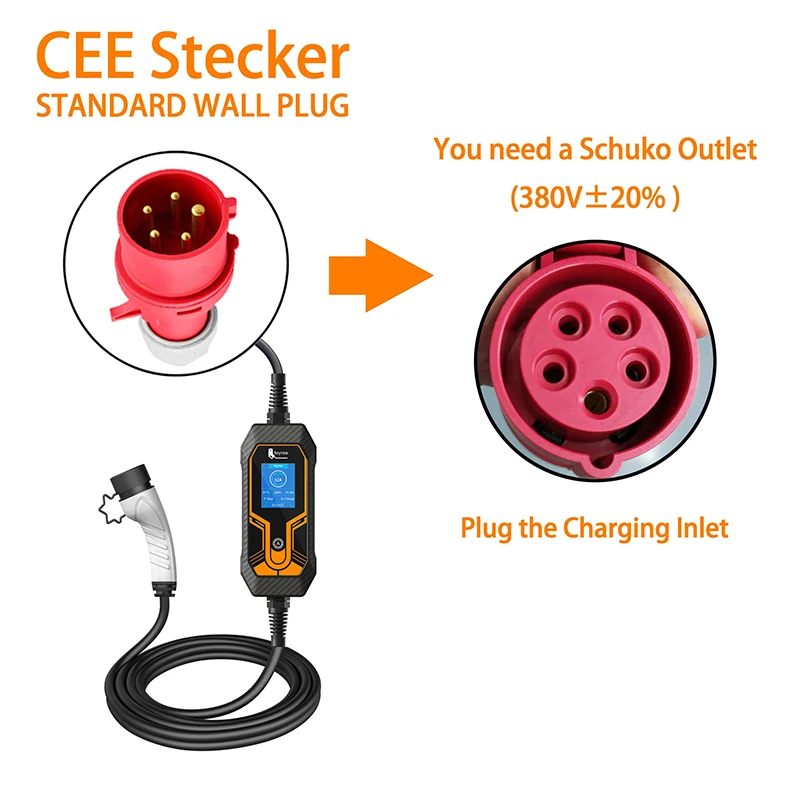 Feyree EV 휴대용 충전기, 전기 자동차 충전기, CEE 플러그 IEC62196-2, 11KW 16A, 타입 2 EVSE 충전 박스